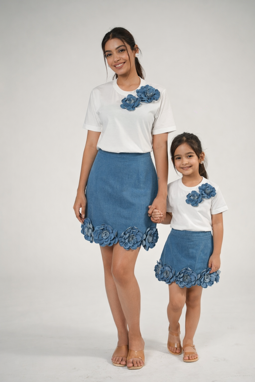 White 3D Denim Rose Designer T-shirt (Only for kids)