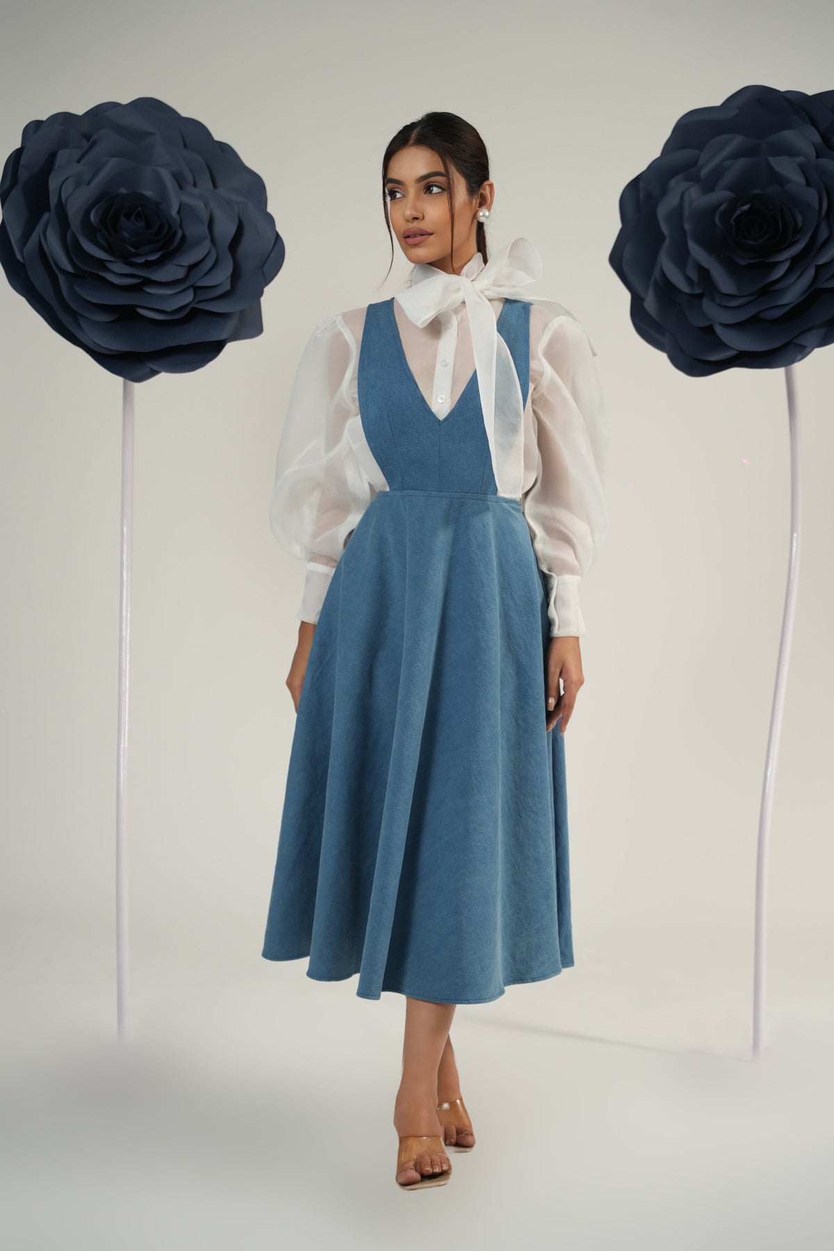 Organza Bow-Tie Balloon Sleeve Shirt with Dungaree Midi Dres