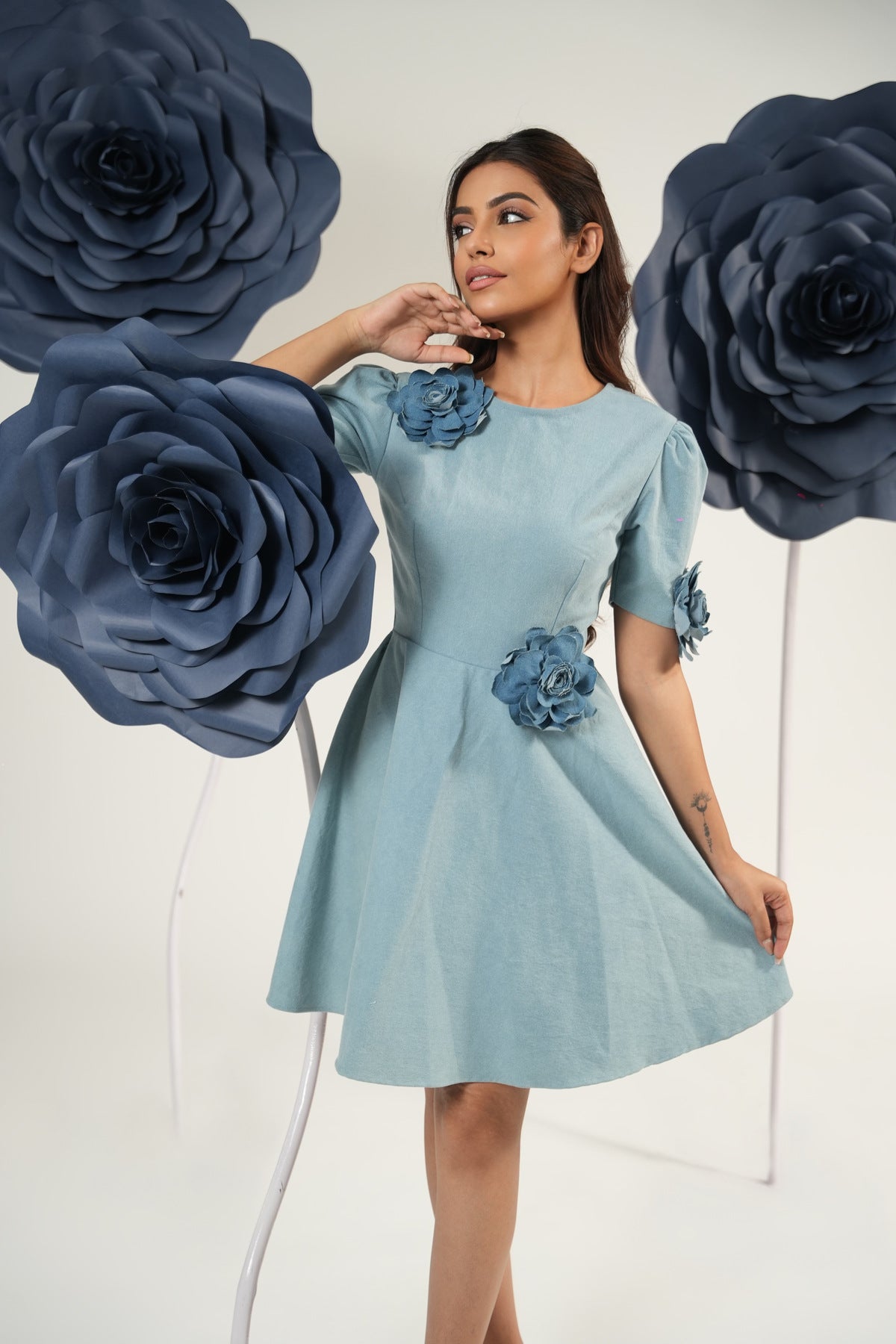 denim rose dress Denim Rose Peplum Rosette Mini Denim Dress in Medium Wash