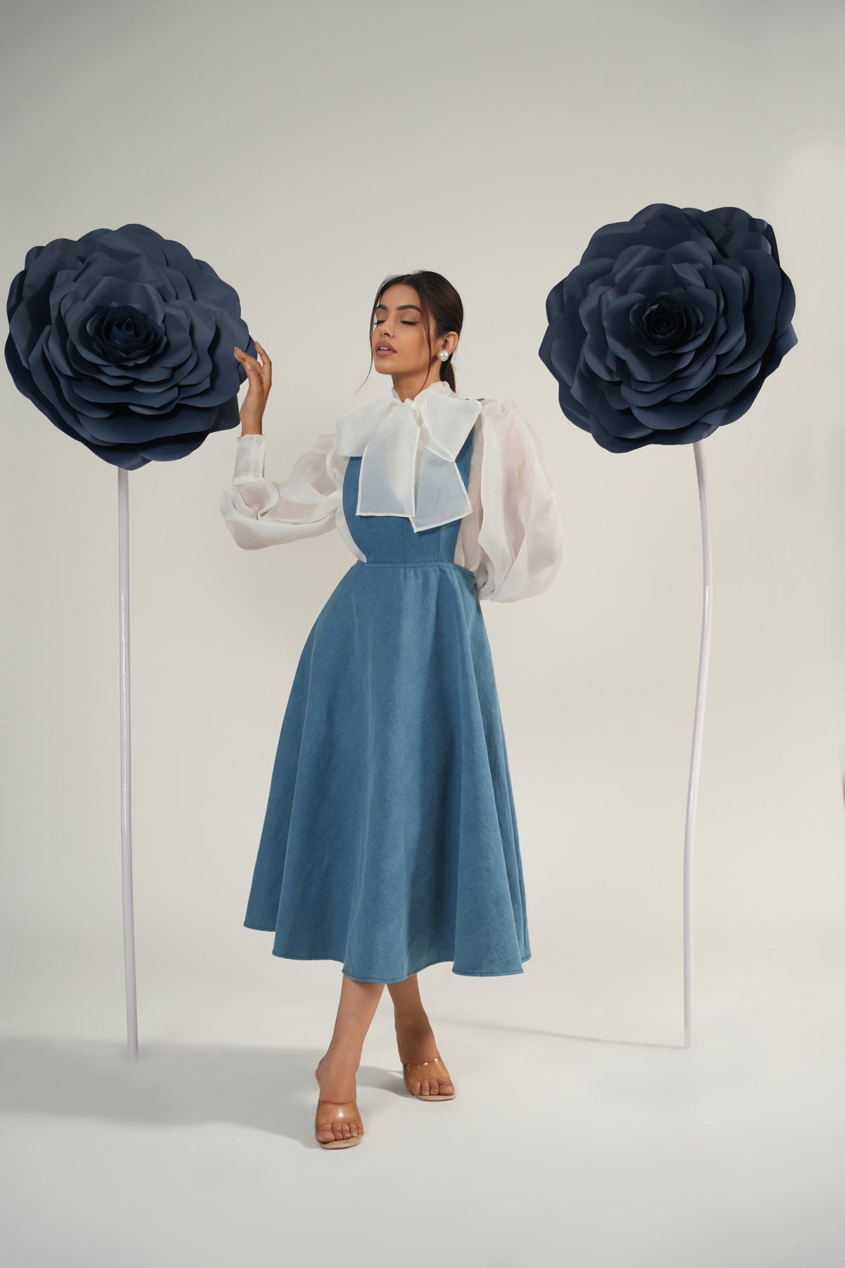 Organza Bow-Tie Balloon Sleeve Shirt with Dungaree Midi Dres