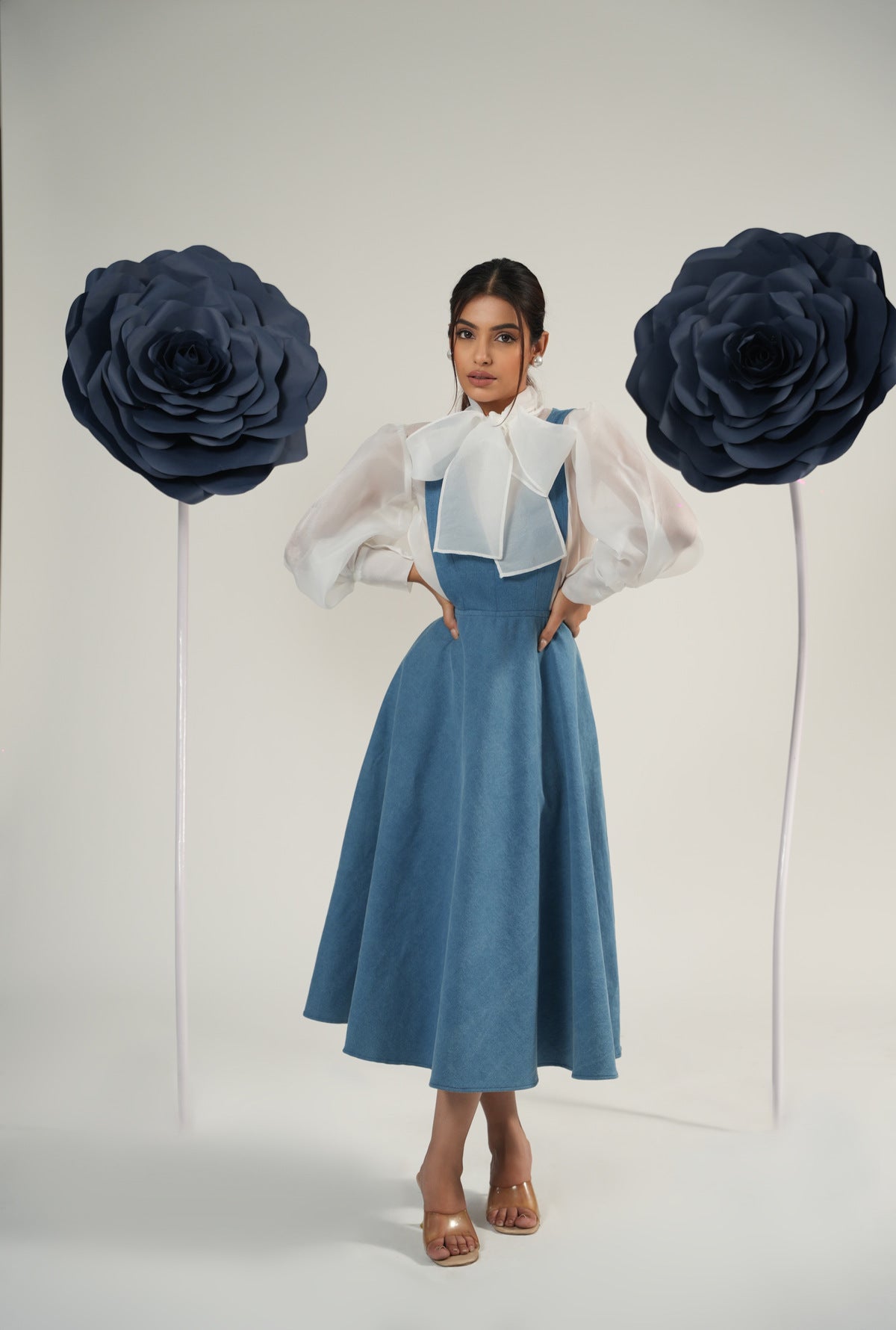 Organza Bow-Tie Balloon Sleeve Shirt with Dungaree Midi Dres