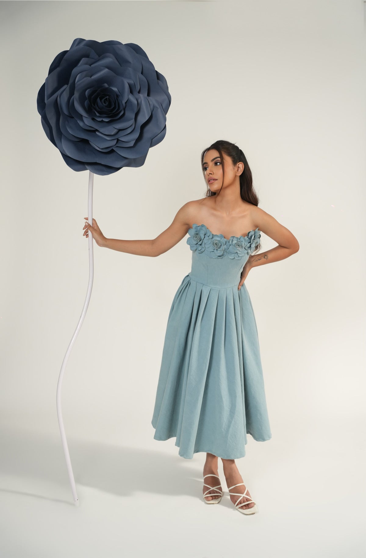 Denim Bloom Pleated Midi Dress