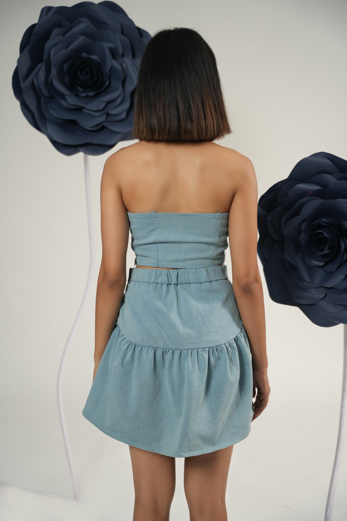 Denim Bloom Strapless Top With Bloom Gathered Mini Skirt