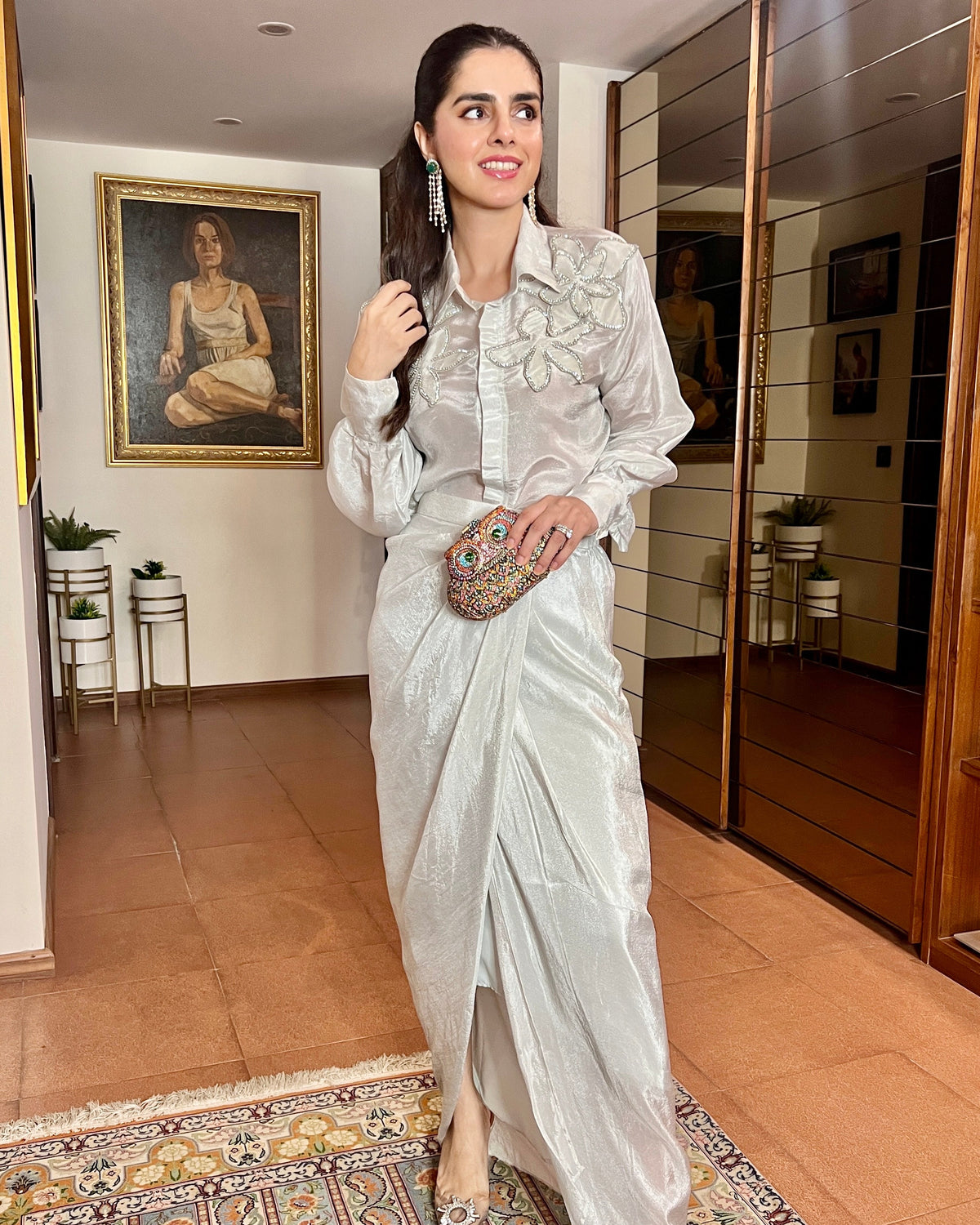 Weaving Cult Silver Tissue Embellished Shirt With Drape Skirt