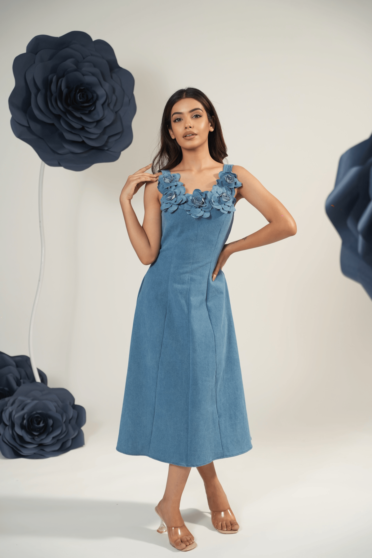 Denim Blossom Midi (handmade 3D roses)