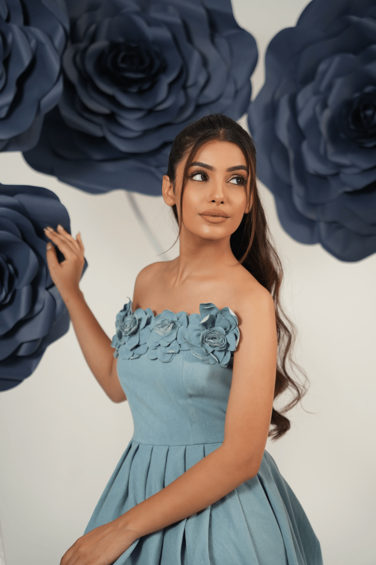 Denim Bloom Pleated Midi Dress