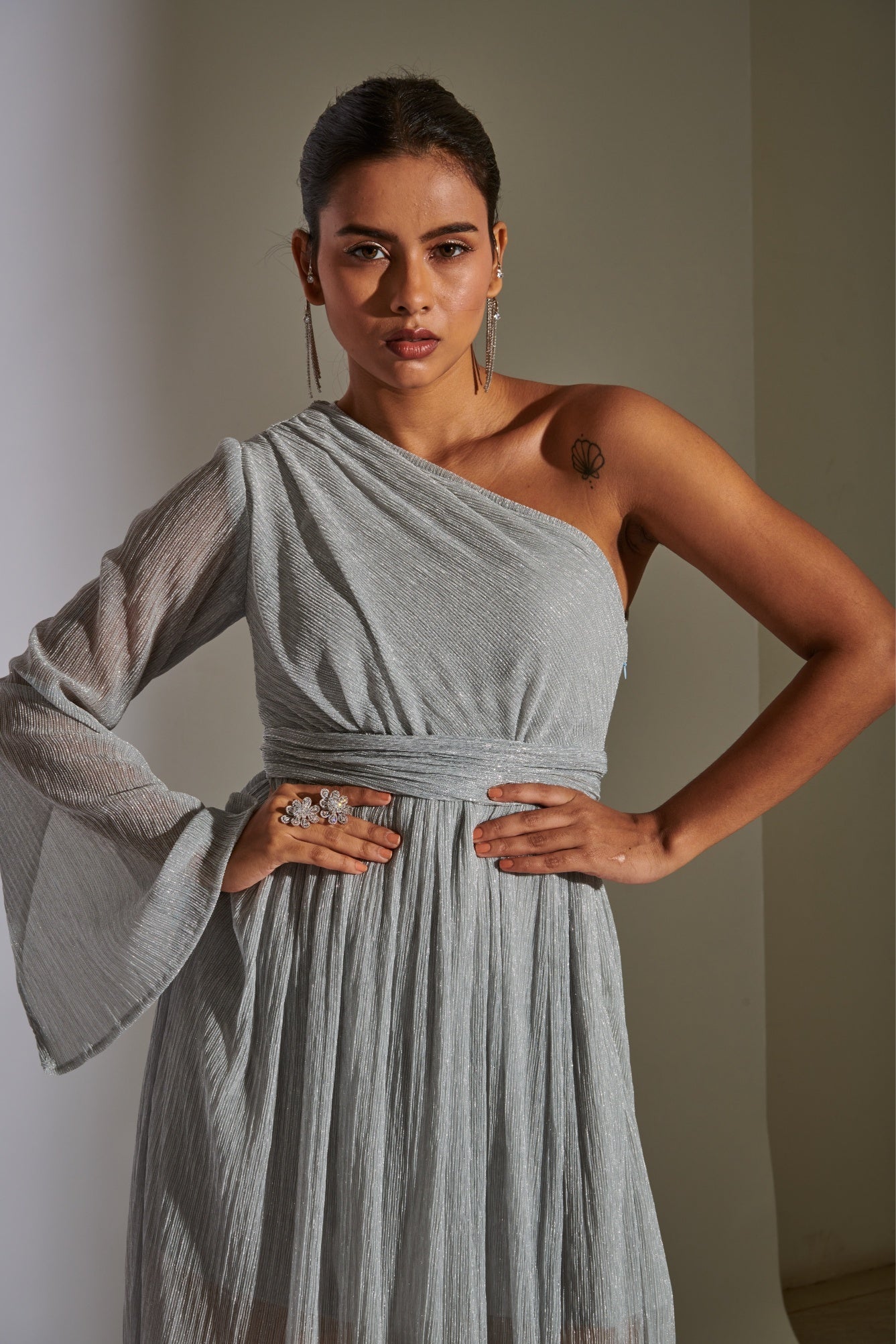 Silver One Shoulder Cocktail Midi Dress