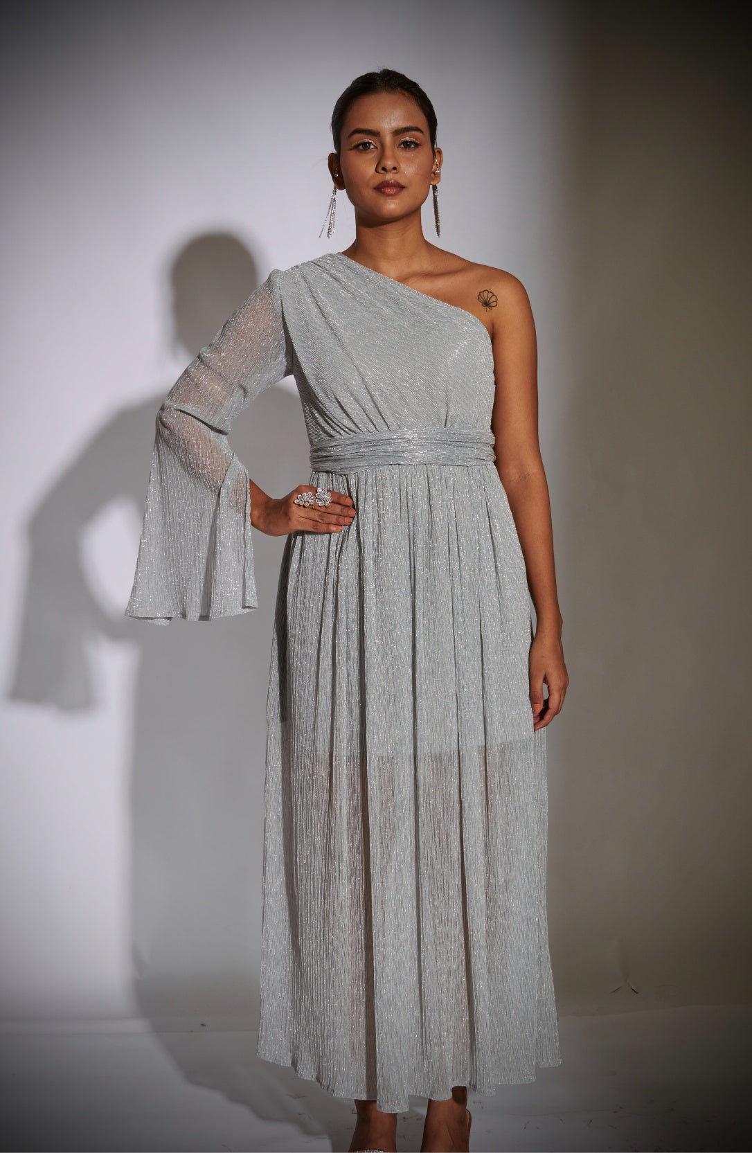 Silver One Shoulder Cocktail Midi Dress