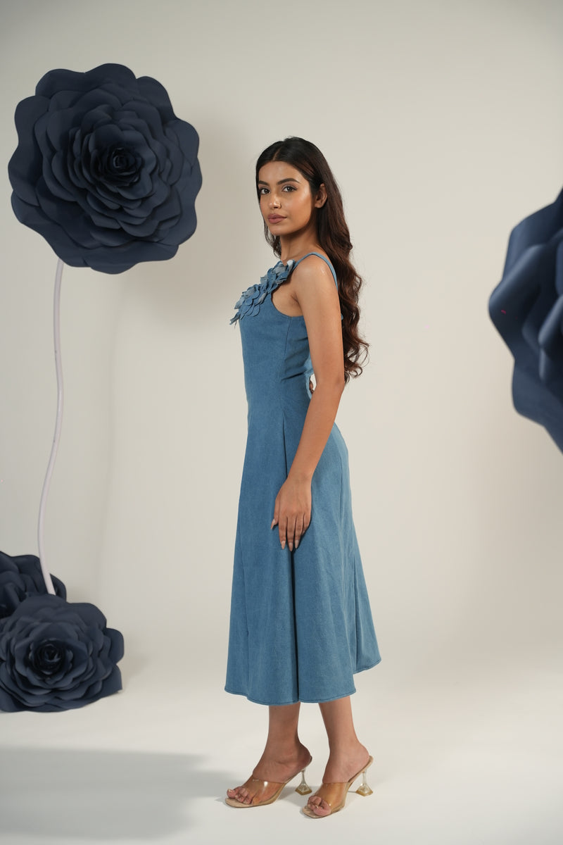 Denim Blossom Midi (handmade 3D roses)