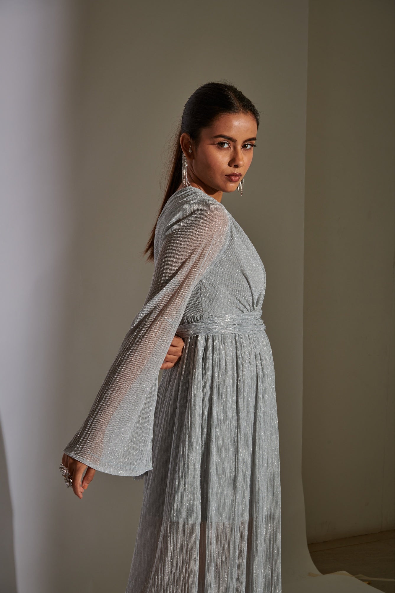 Silver One Shoulder Cocktail Midi Dress