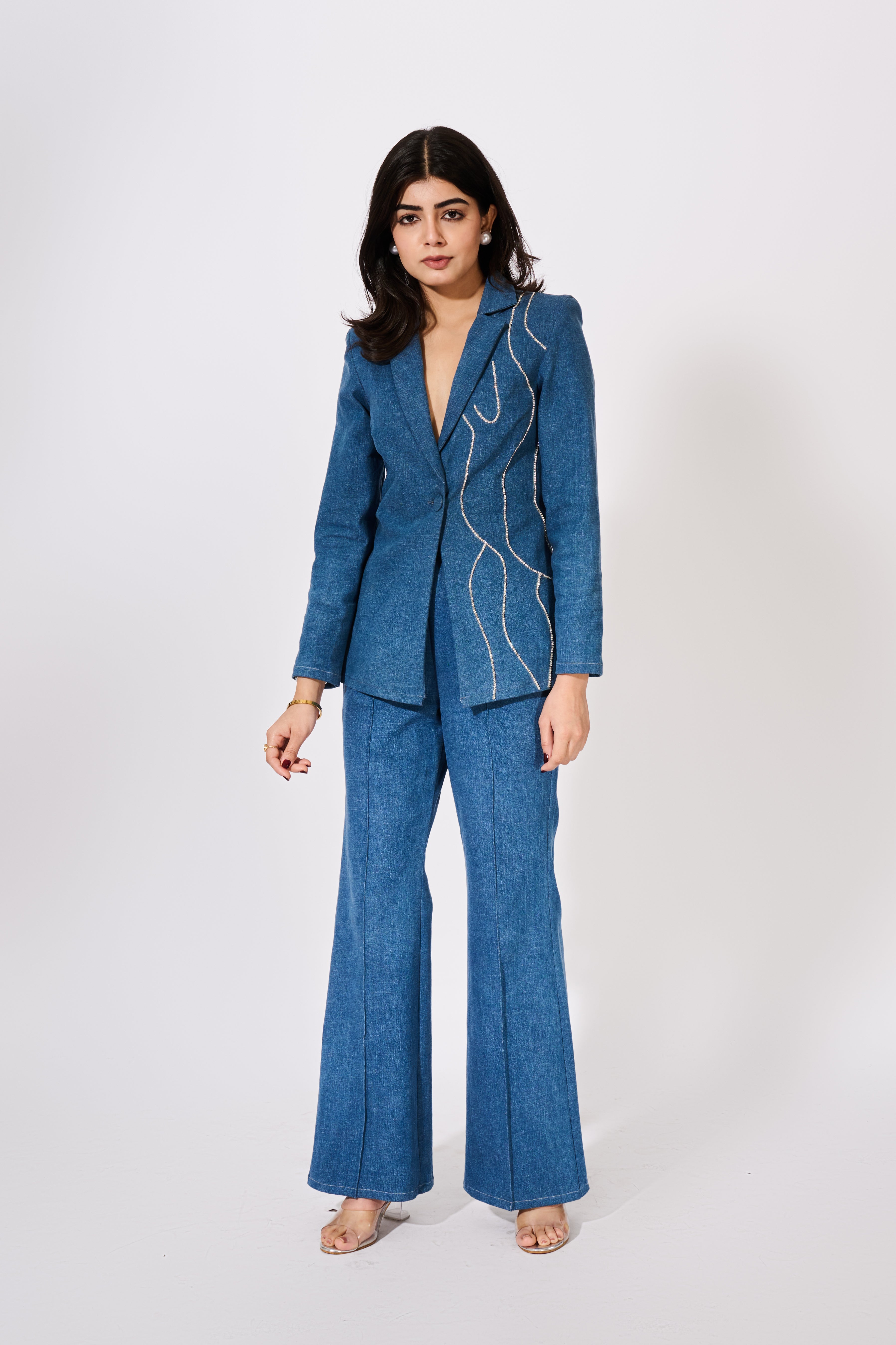 Denim Blazer With Rhinestone Embellishments (Only Blazer)