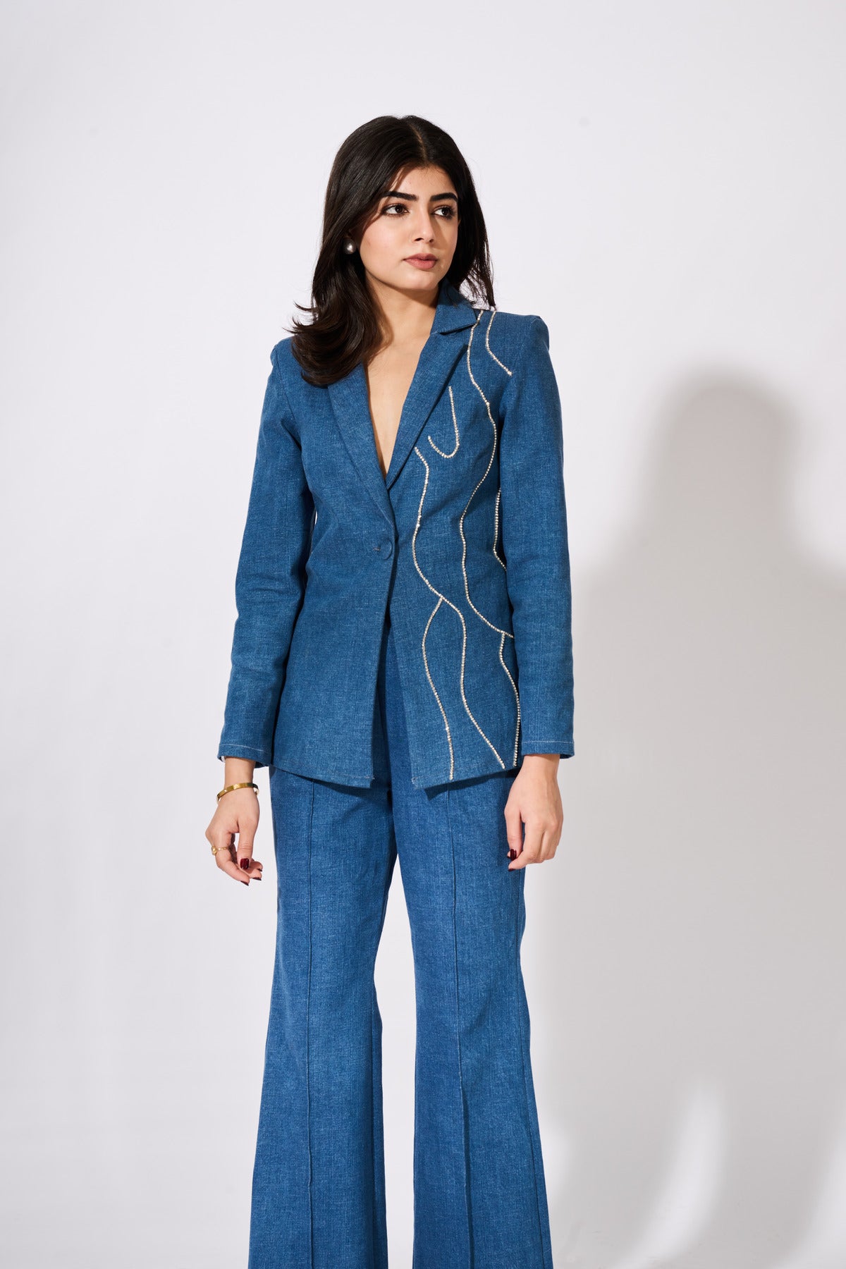Denim Blazer With Rhinestone Embellishments (Only Blazer)