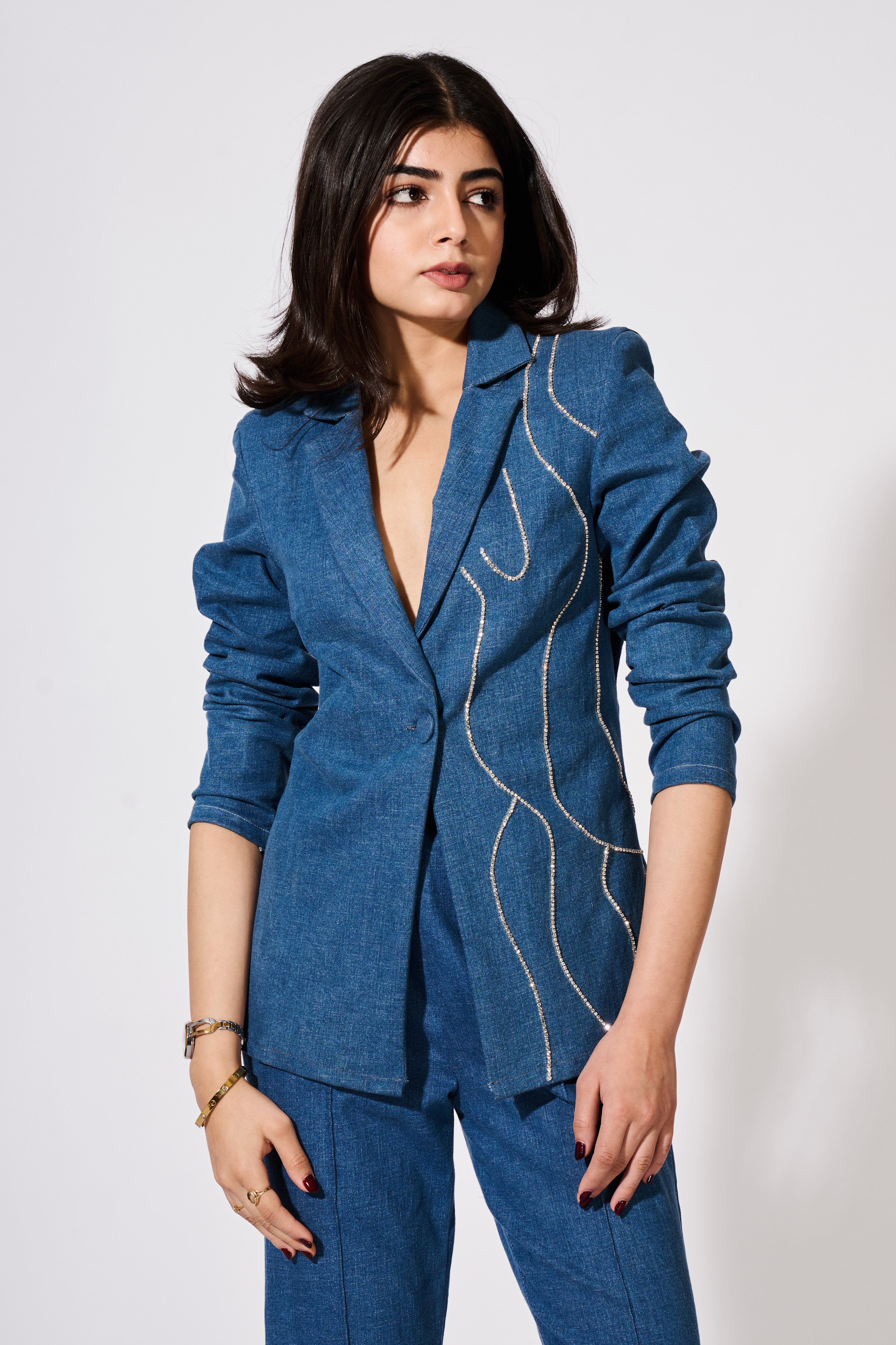 Denim Blazer With Rhinestone Embellishments (Only Blazer)