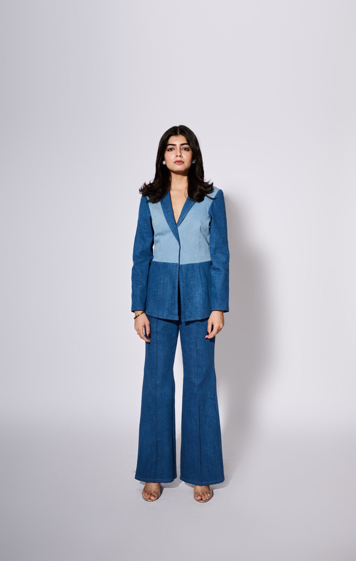 Denim Colour Block Blazer Set