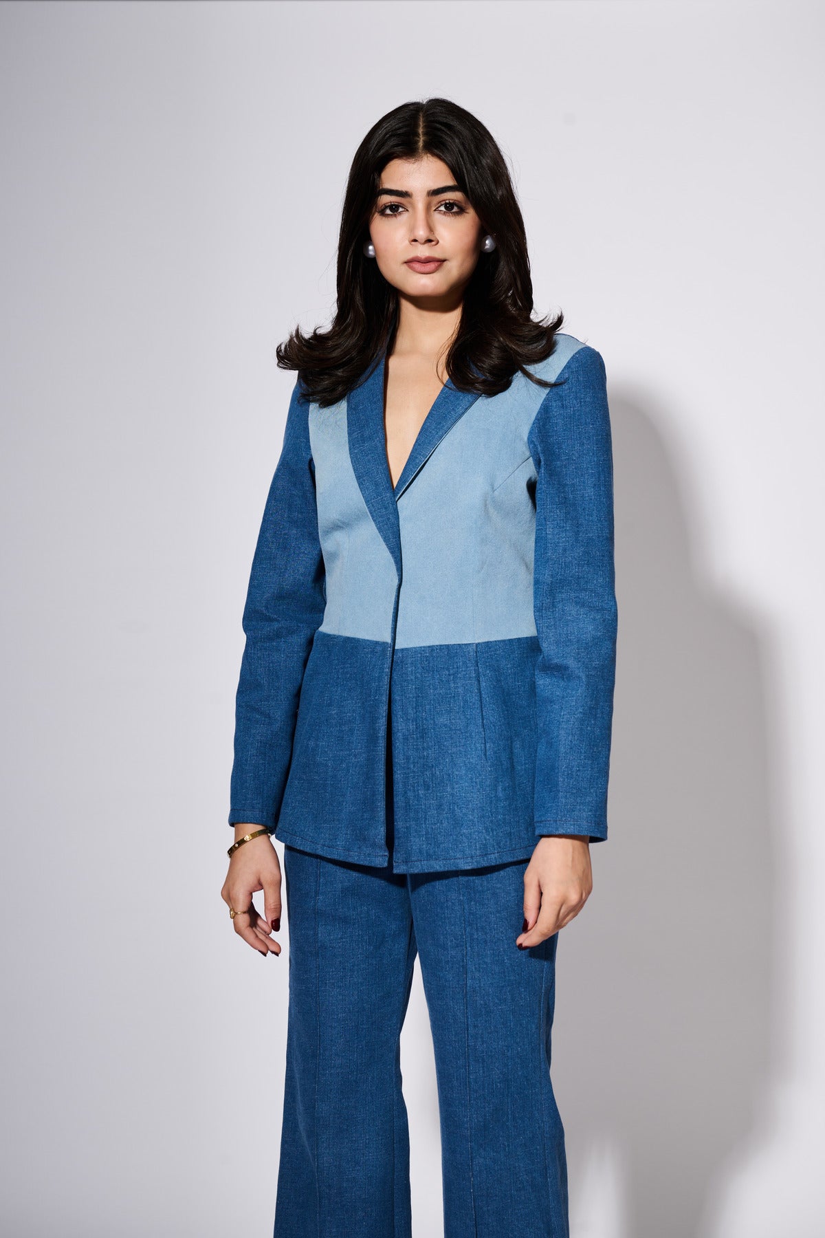 Denim Colour Block Blazer Set