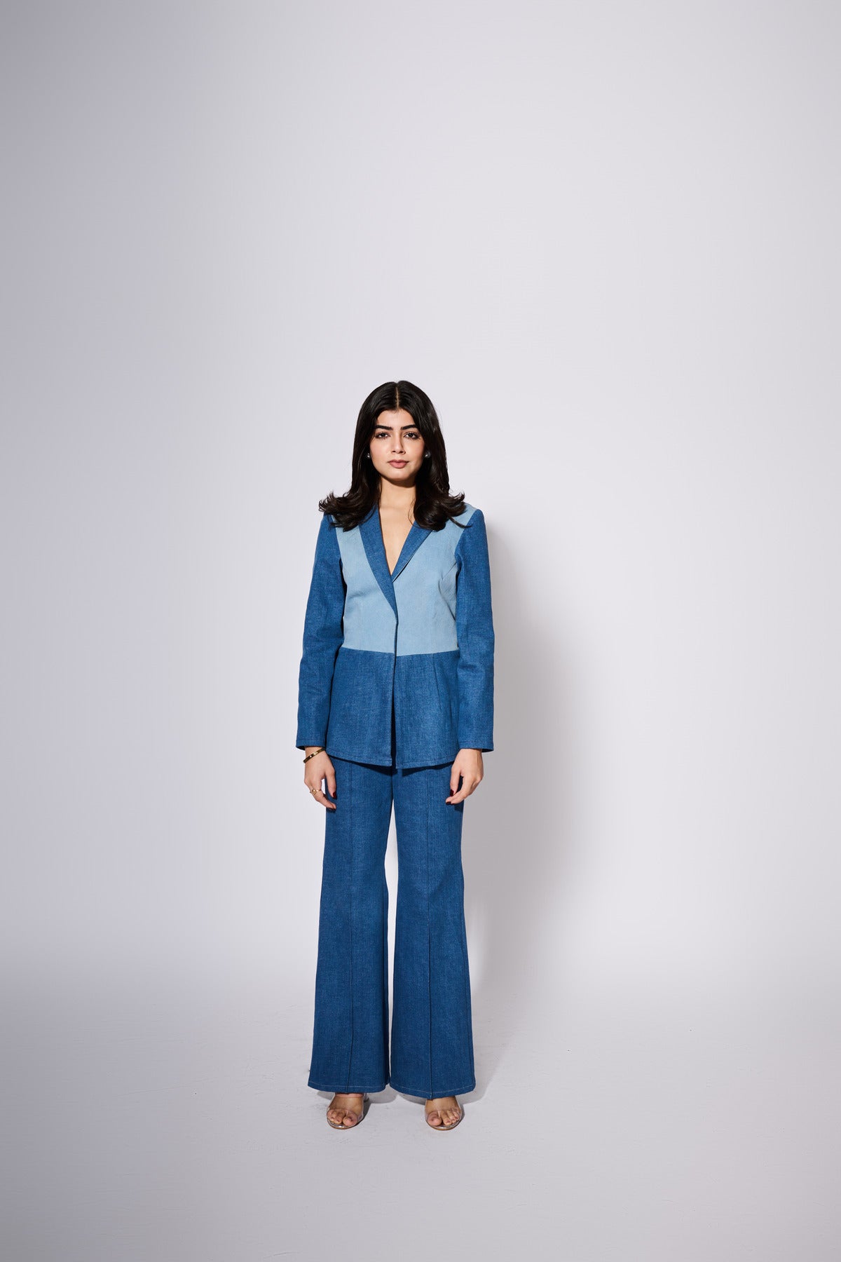 Denim Colour Block Blazer Set