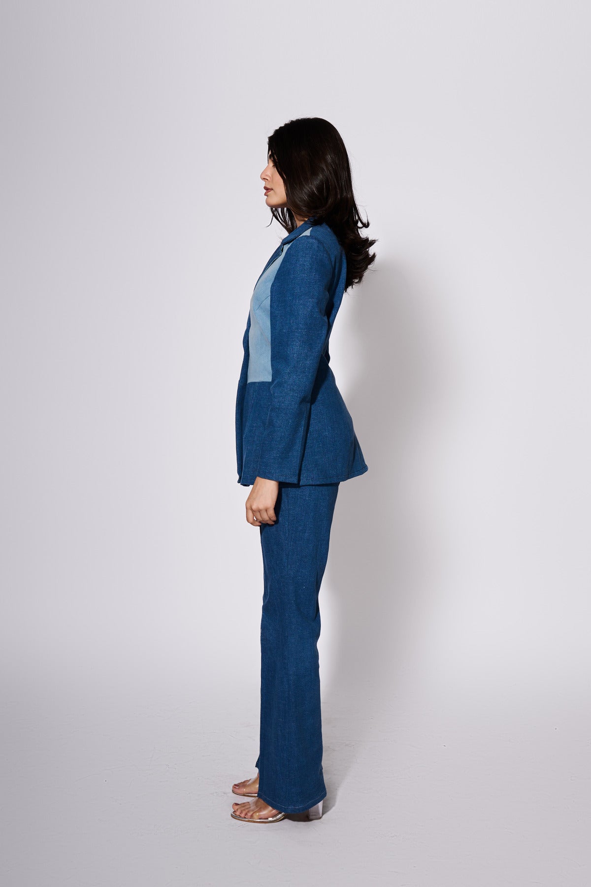 Denim Colour Block Blazer Set