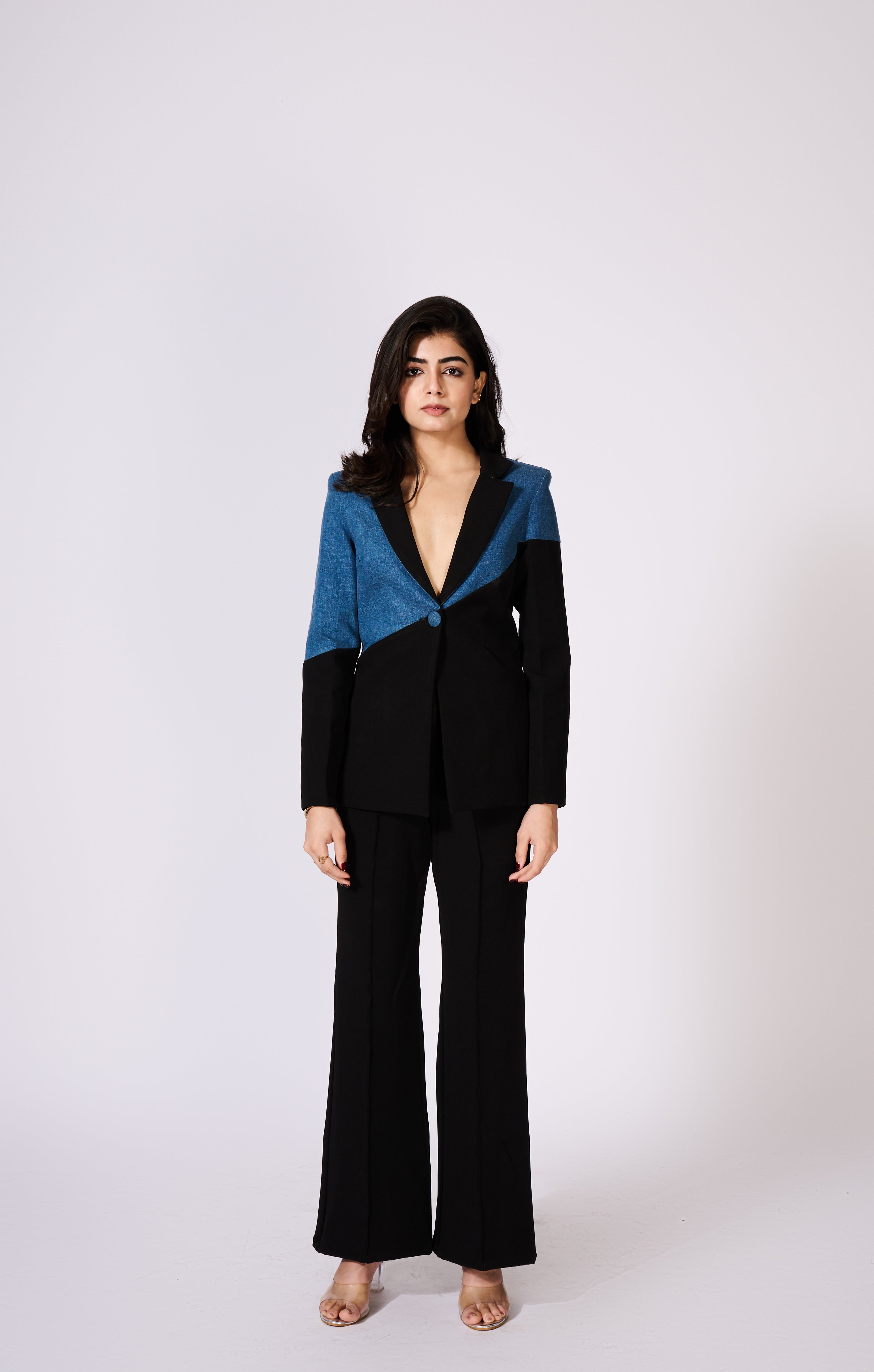 Denim And Black Colour Block Blazer (Only Blazer)