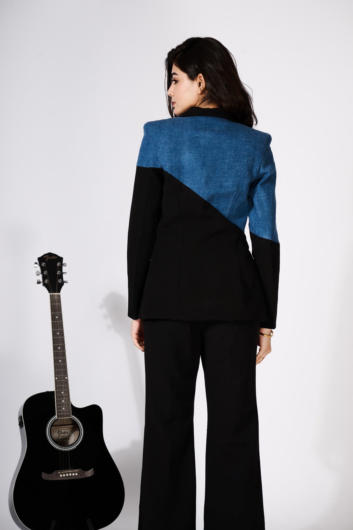 Denim And Black Colour Block Blazer (Only Blazer)