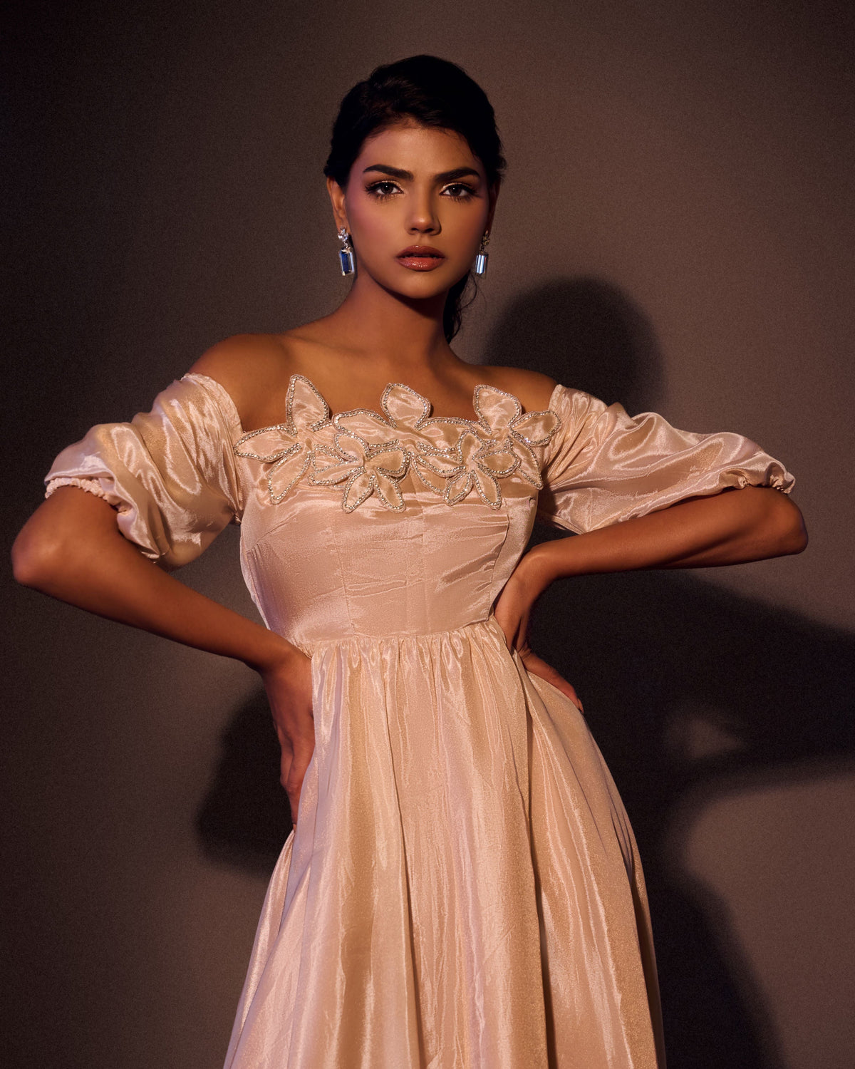 Weaving Cult Rose Gold Tissue Embellished Off Shoulder Dress