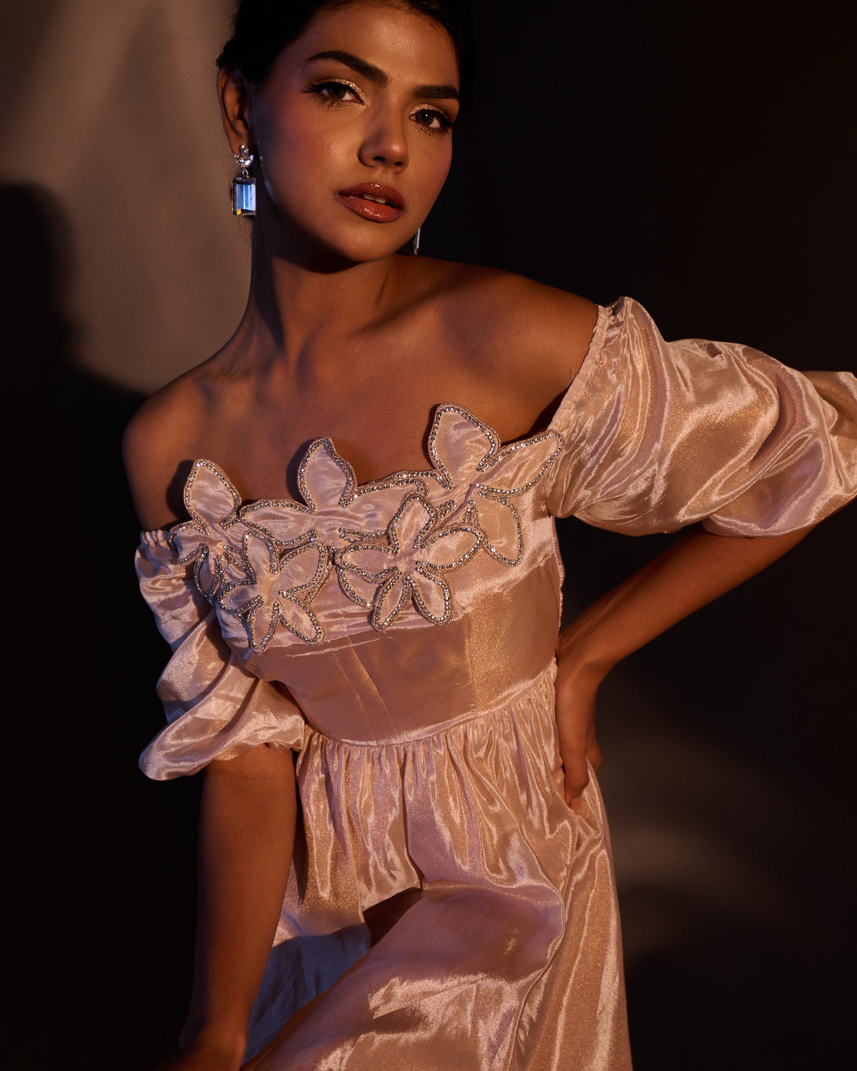 Weaving Cult Rose Gold Tissue Embellished Off Shoulder Dress