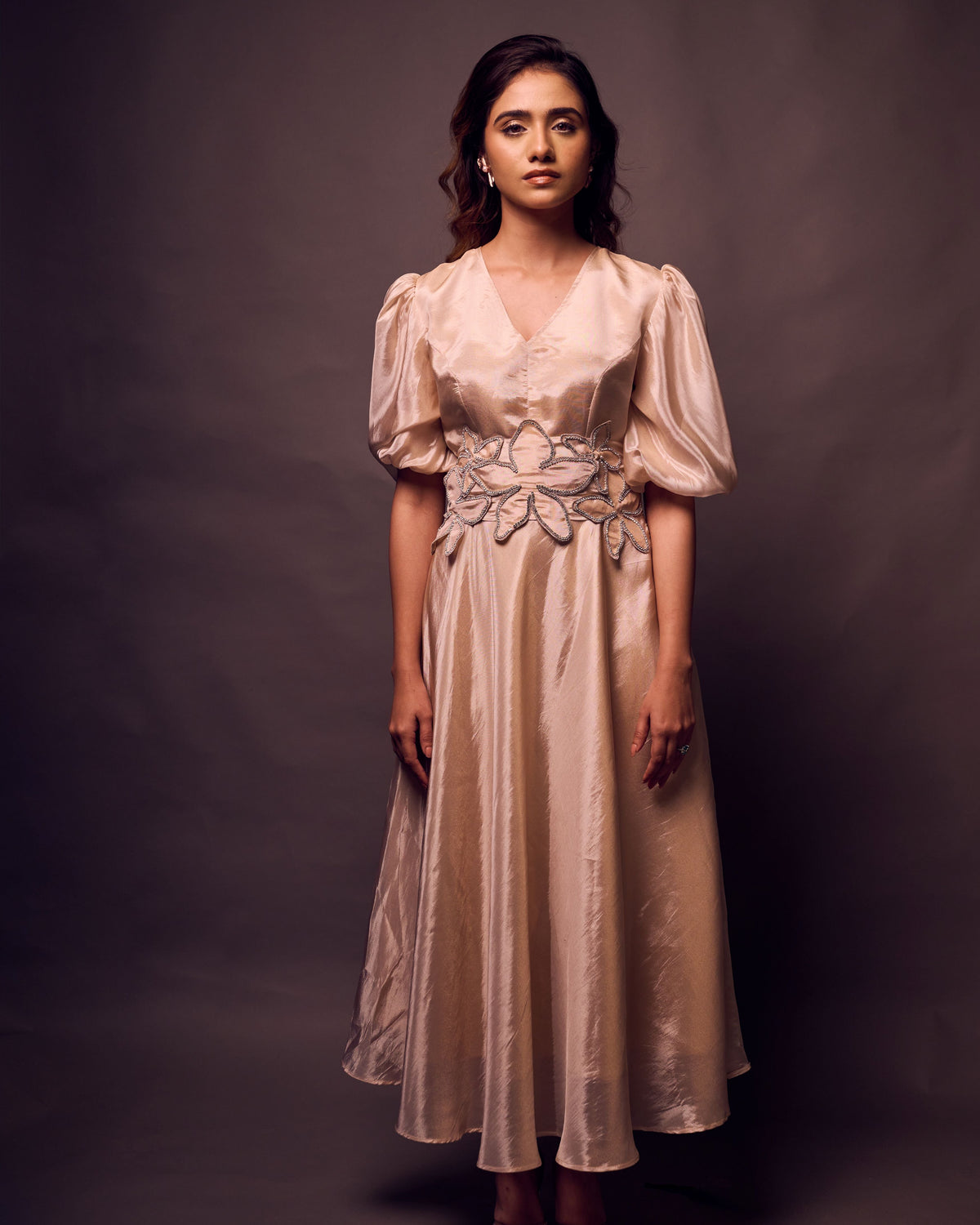 Weaving Cult Rose Gold Tissue Dress With Embellished Belt