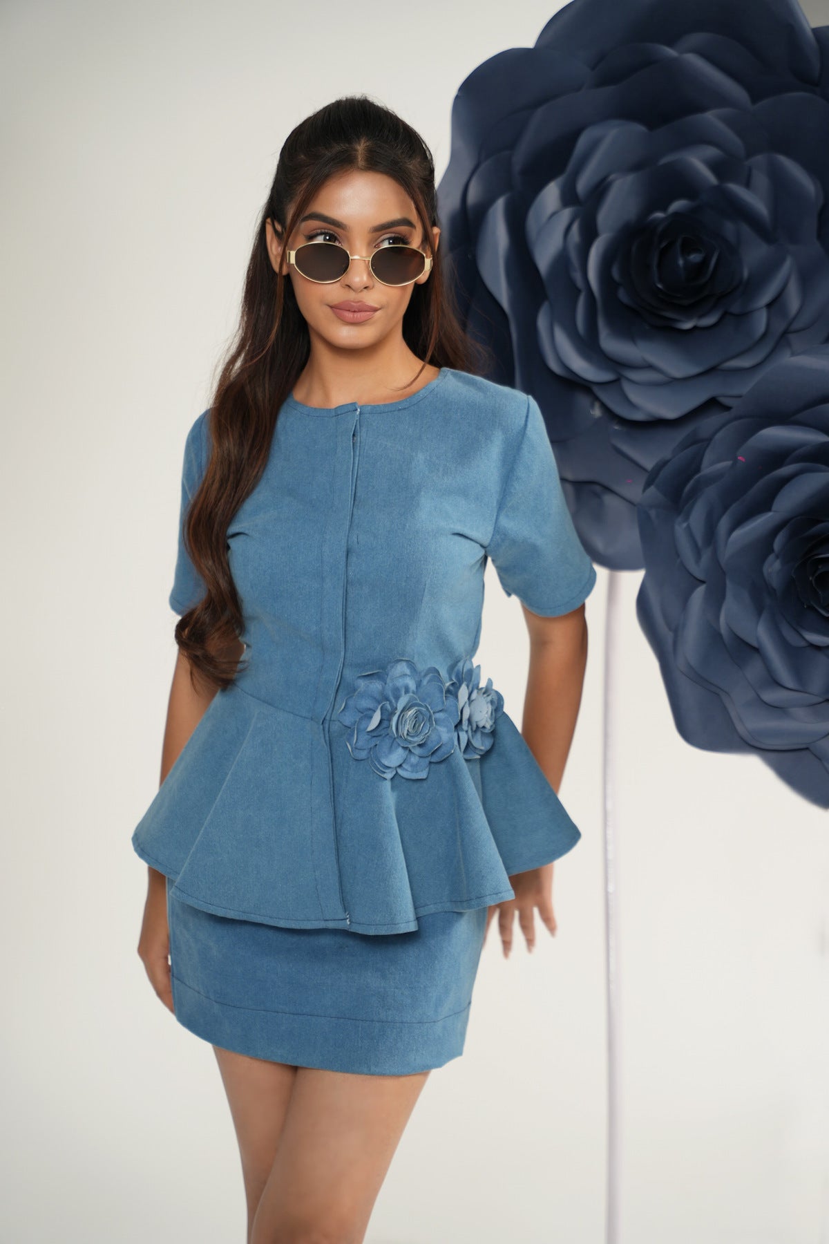 Floral Embrace Peplum Denim Coord Set