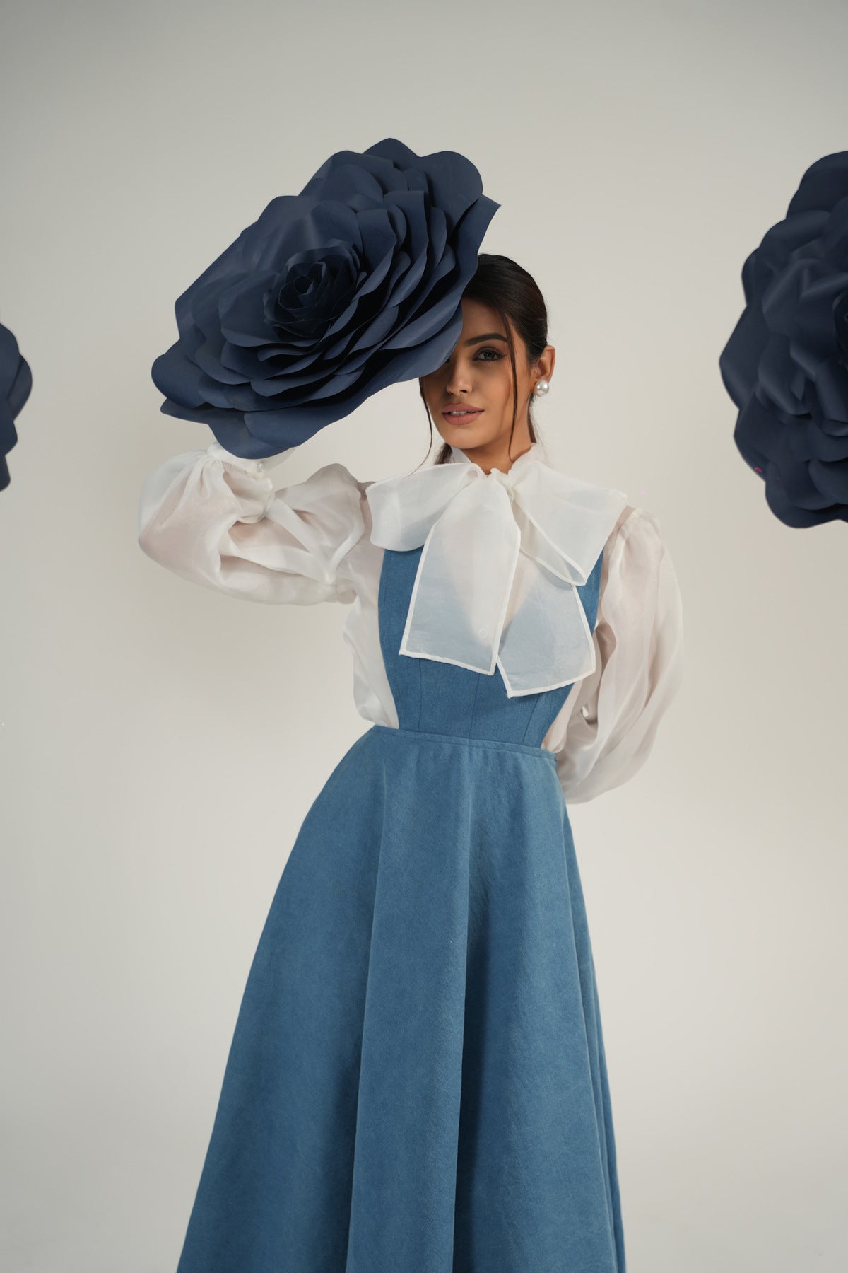 Organza Bow-Tie Balloon Sleeve Shirt with Dungaree Midi Dres