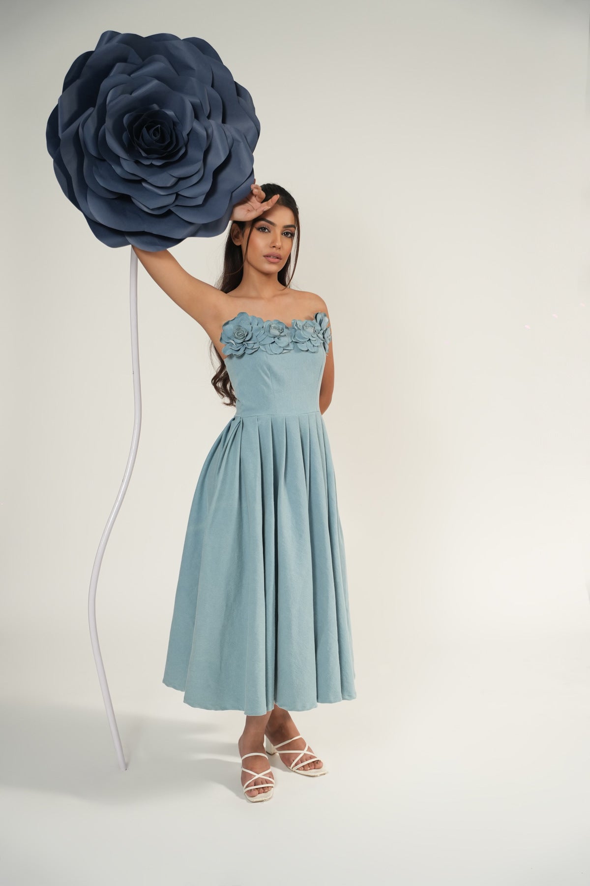 Denim Bloom Pleated Midi Dress