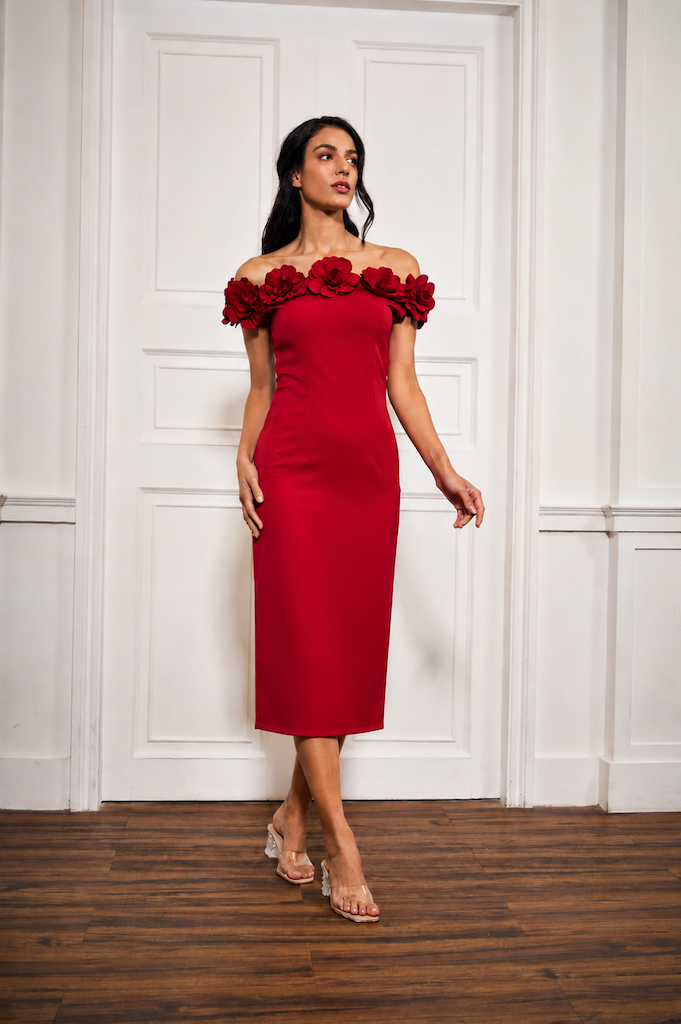 3D Rose Off-Shoulder Midi Dress