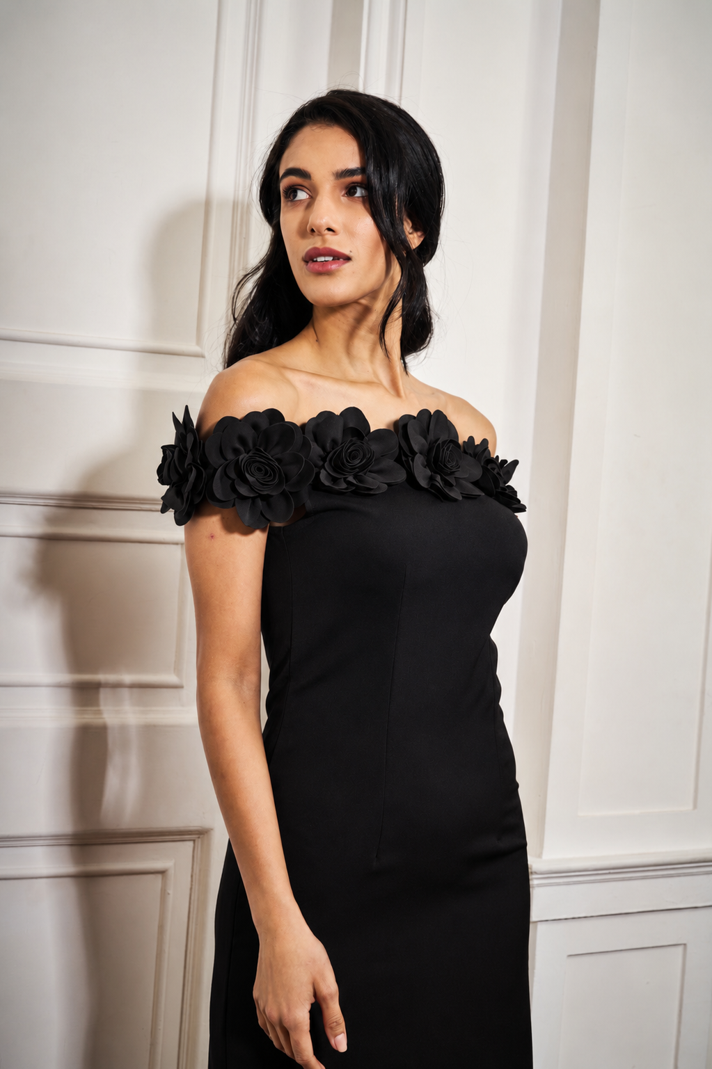 3D Rose Off-Shoulder Midi Dress