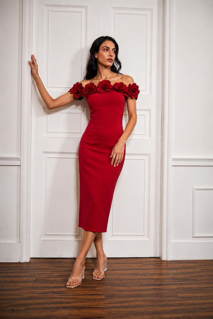 3D Rose Off-Shoulder Midi Dress