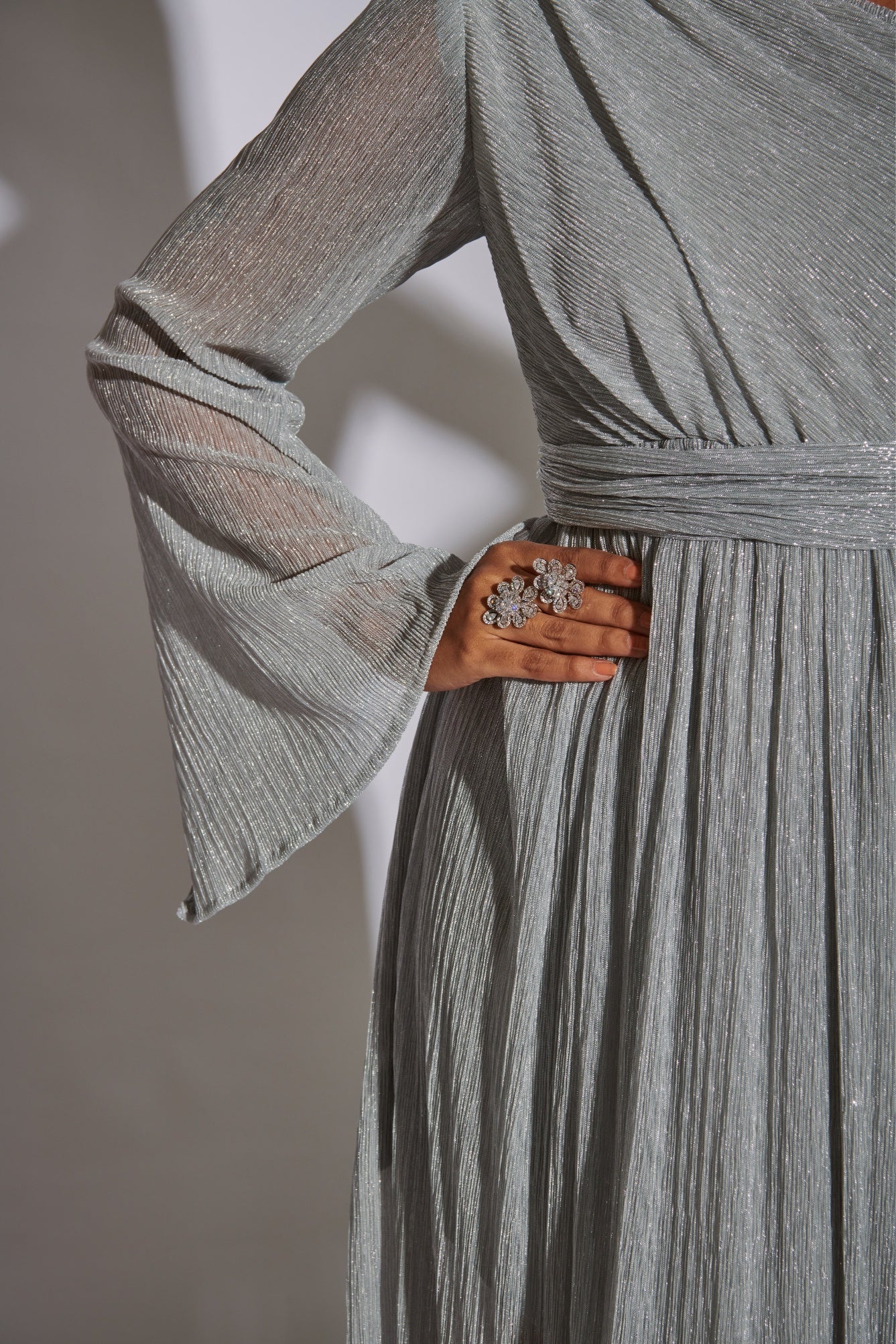 Silver One Shoulder Cocktail Midi Dress