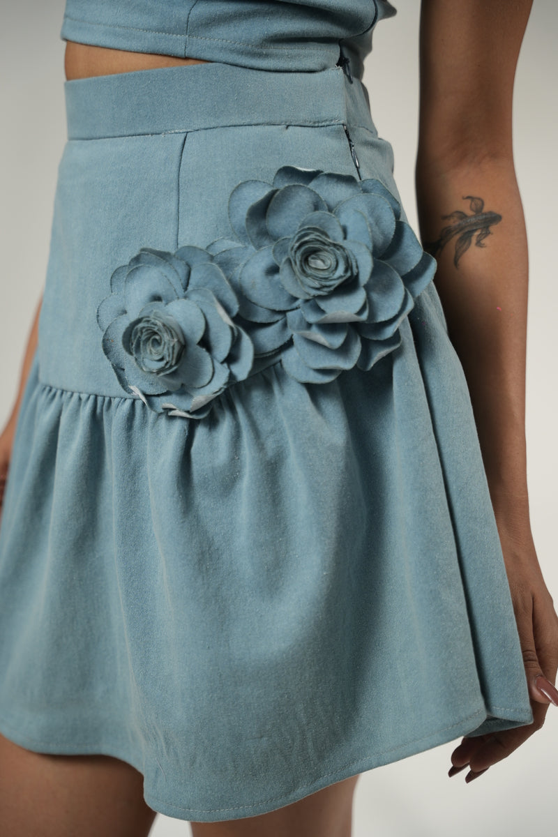 Denim Bloom Strapless Top With Bloom Gathered Mini Skirt