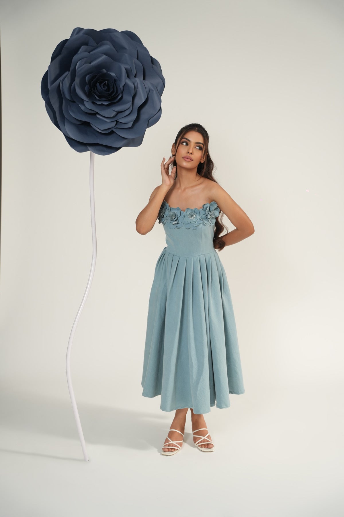 Denim Bloom Pleated Midi Dress