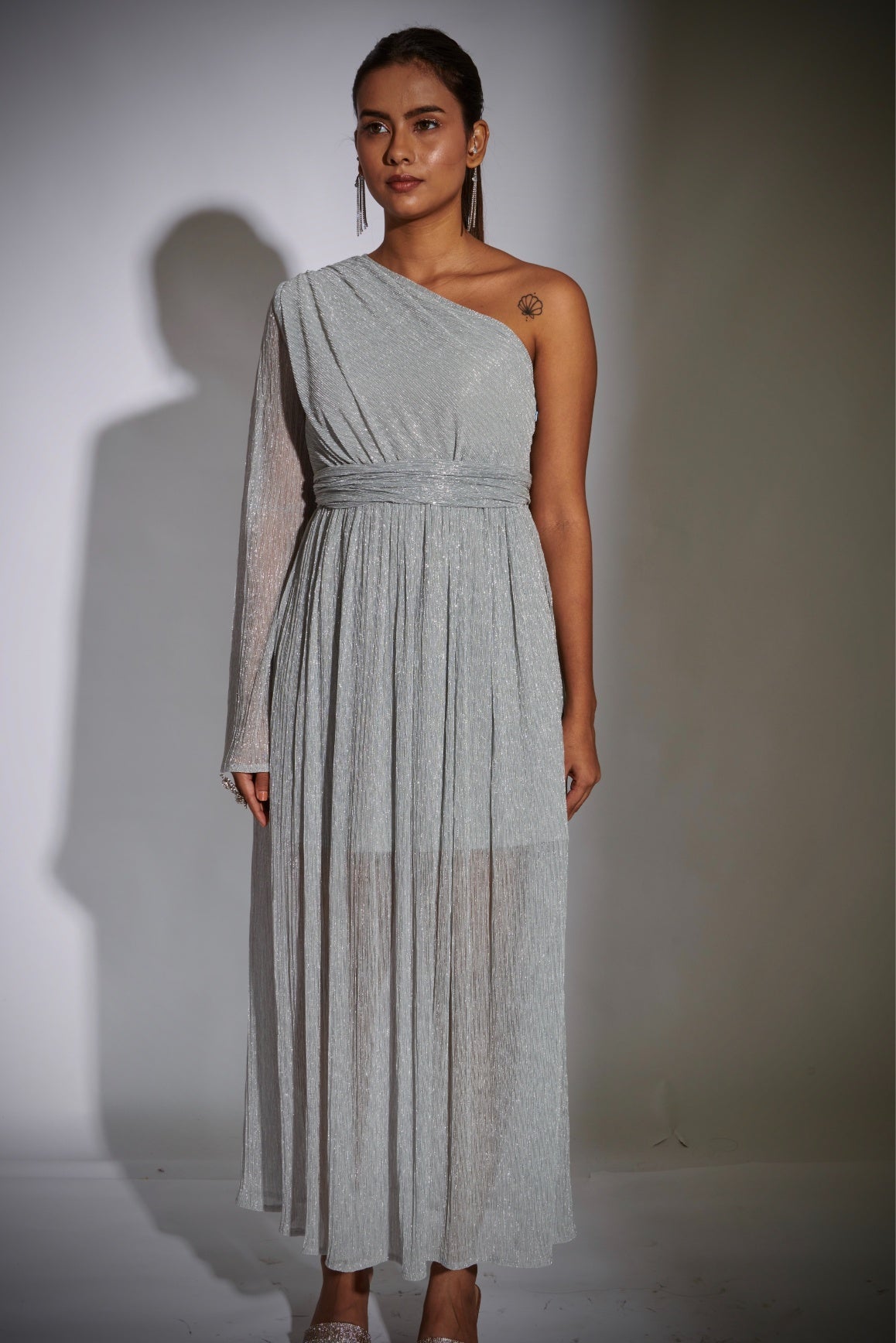 Silver One Shoulder Cocktail Midi Dress