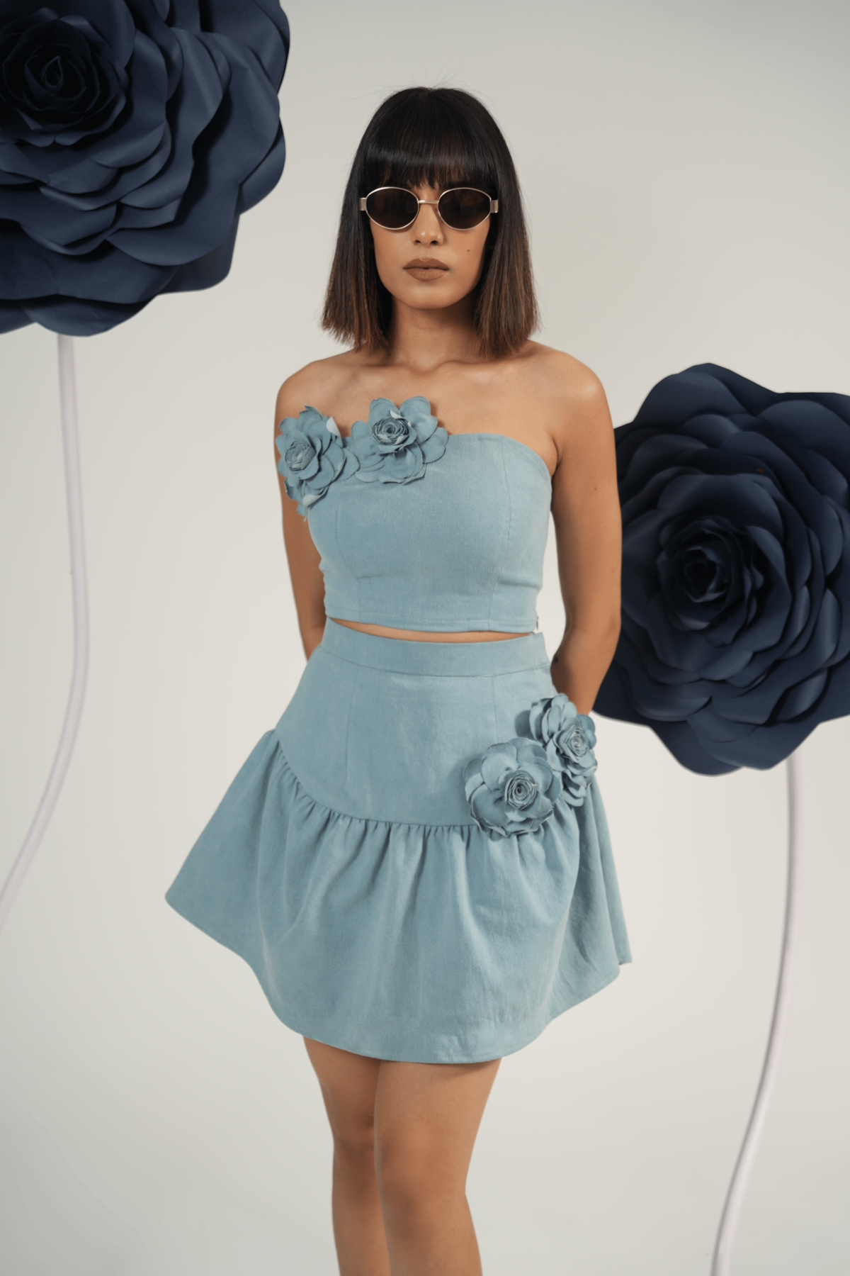 Denim Bloom Strapless Top With Bloom Gathered Mini Skirt