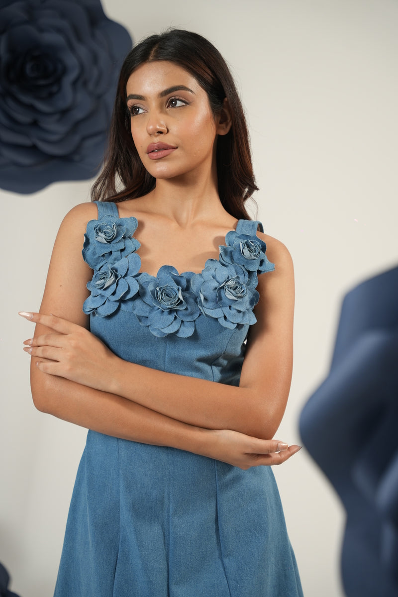 Denim Blossom Midi (handmade 3D roses)