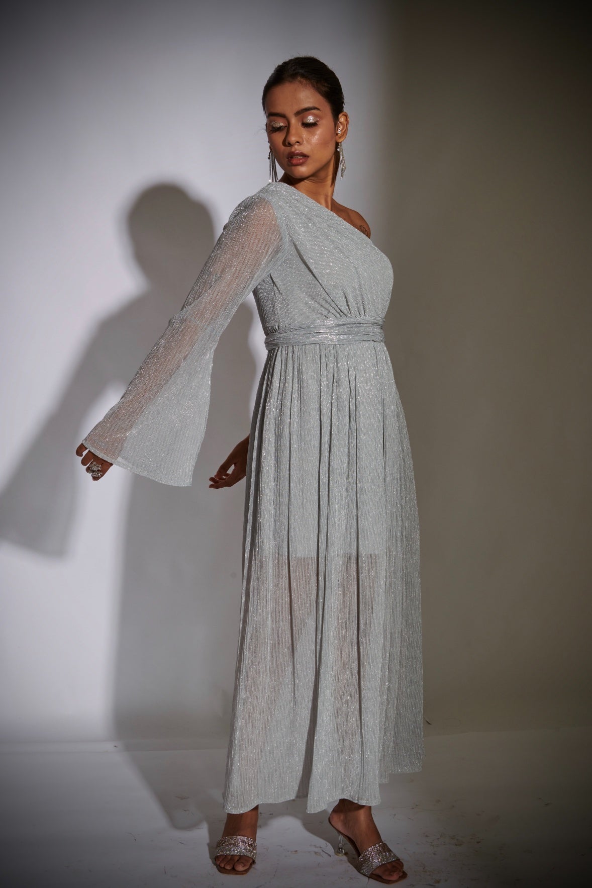 Silver One Shoulder Cocktail Midi Dress