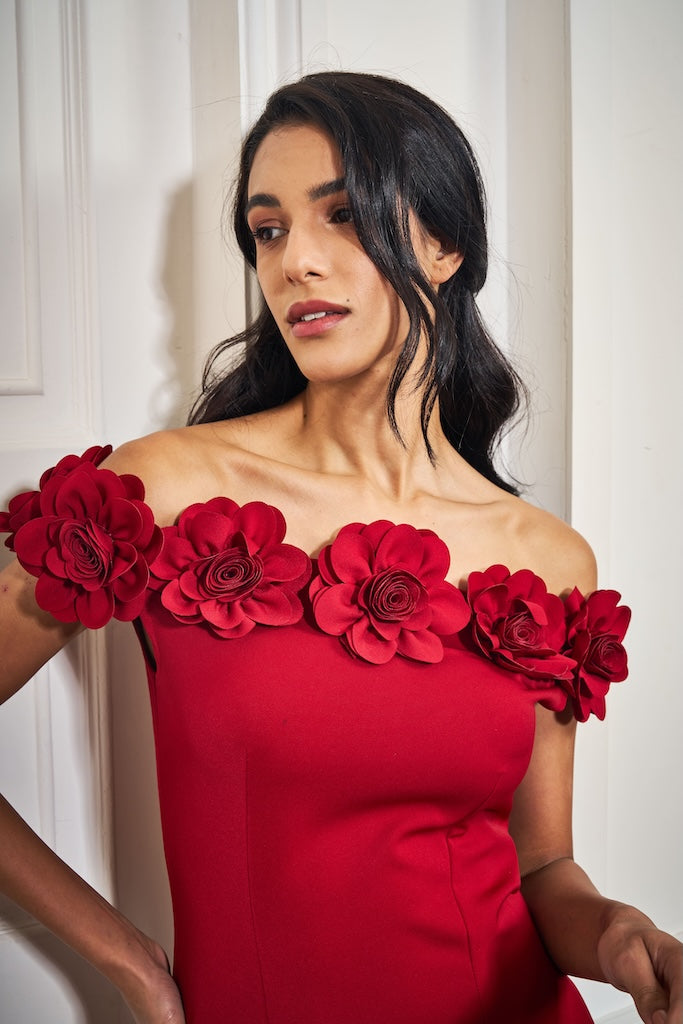 3D Rose Off-Shoulder Midi Dress