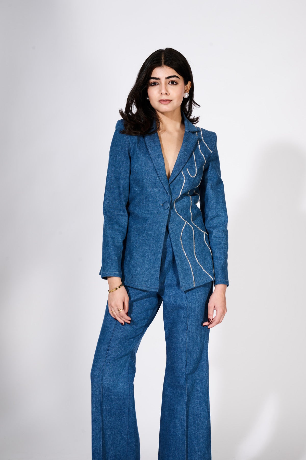 Denim Blazer With Rhinestone Embellishments (Only Blazer)