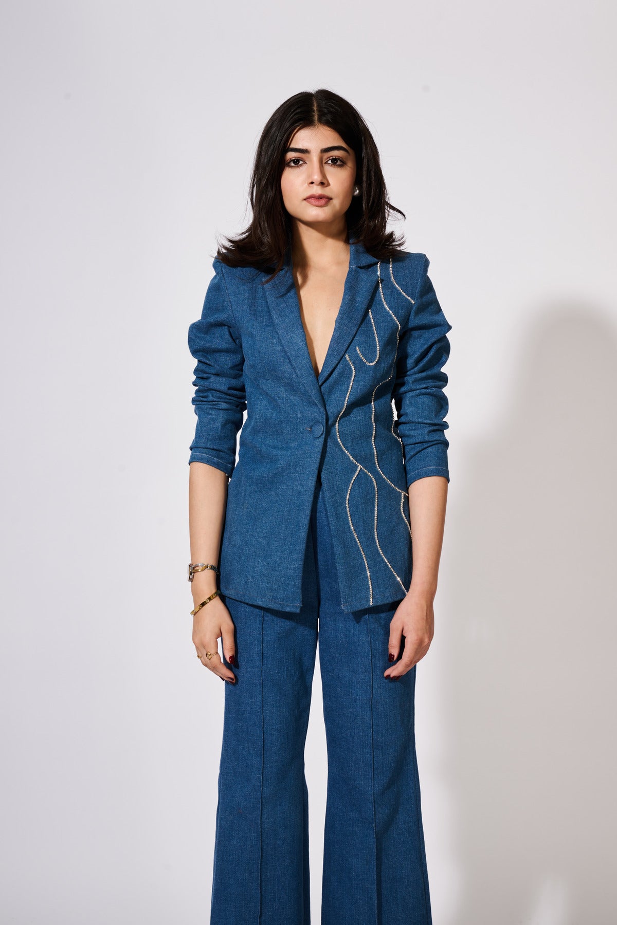 Denim Blazer With Rhinestone Embellishments (Only Blazer)