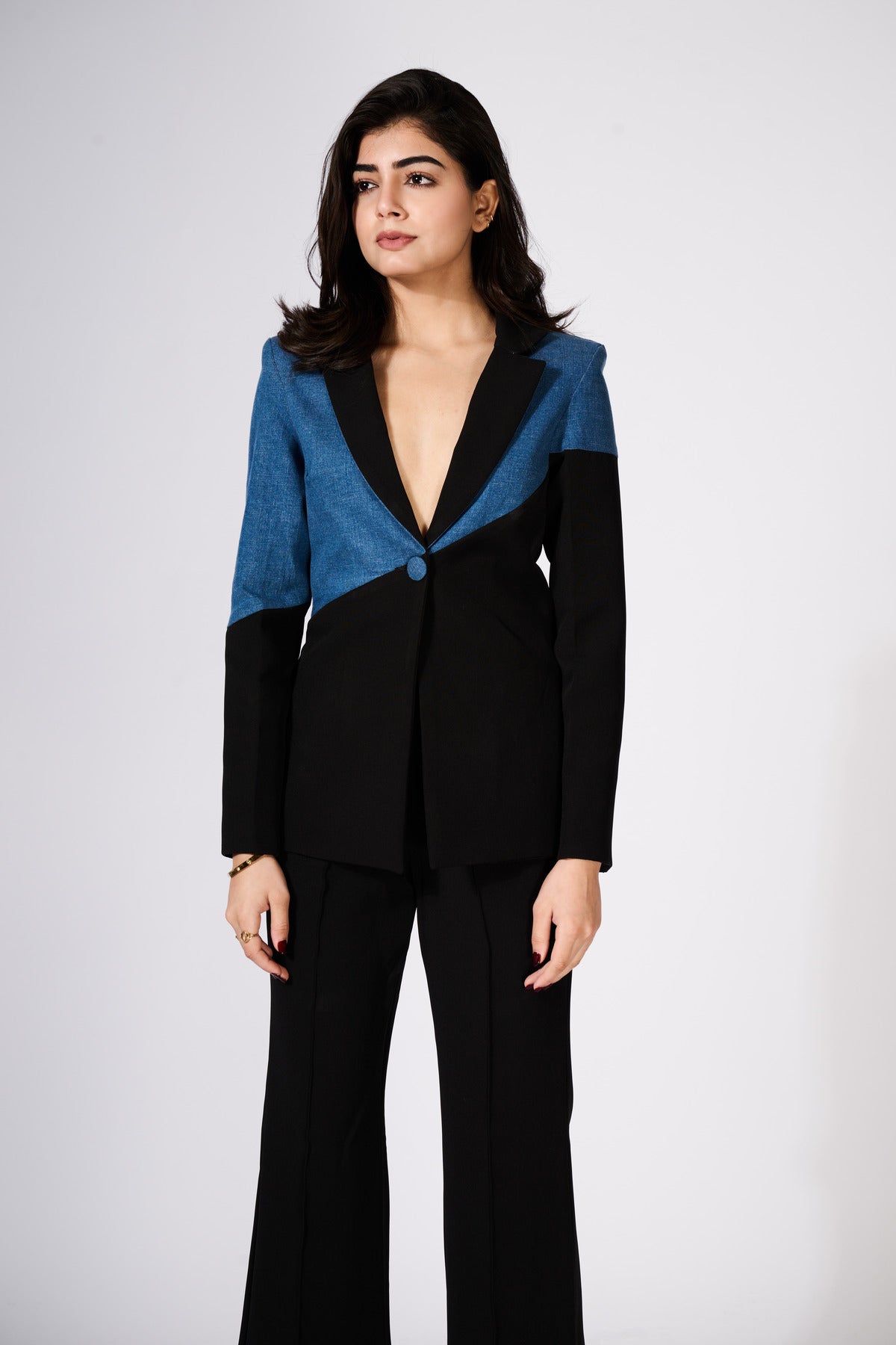 Denim And Black Colour Block Blazer (Only Blazer)