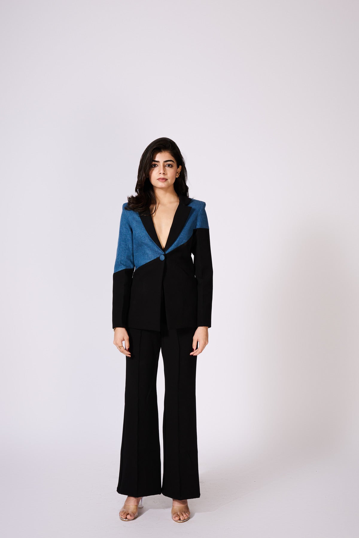 Denim And Black Colour Block Blazer (Only Blazer)