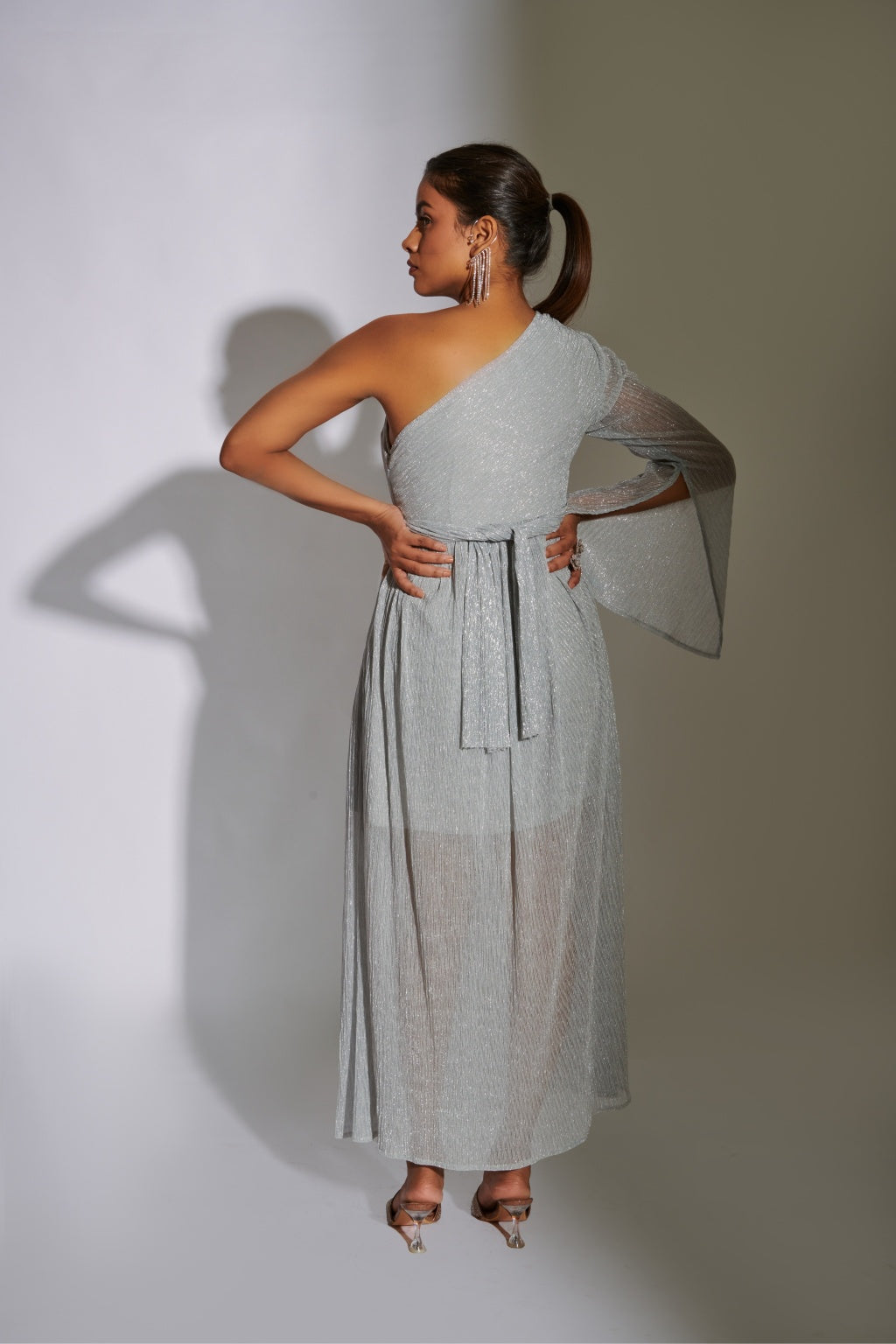 Silver One Shoulder Cocktail Midi Dress